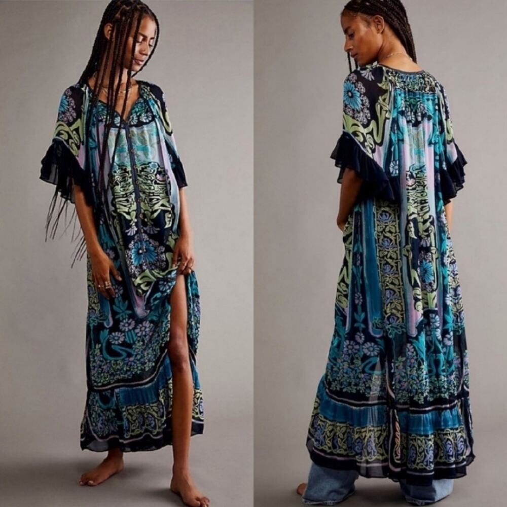 Free People Navy, Teal & Lime Floral Paisley Maxi Kaftan